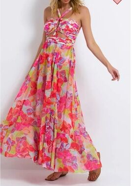 PatBO Pink Multi Floral Halter Maxi Dress small